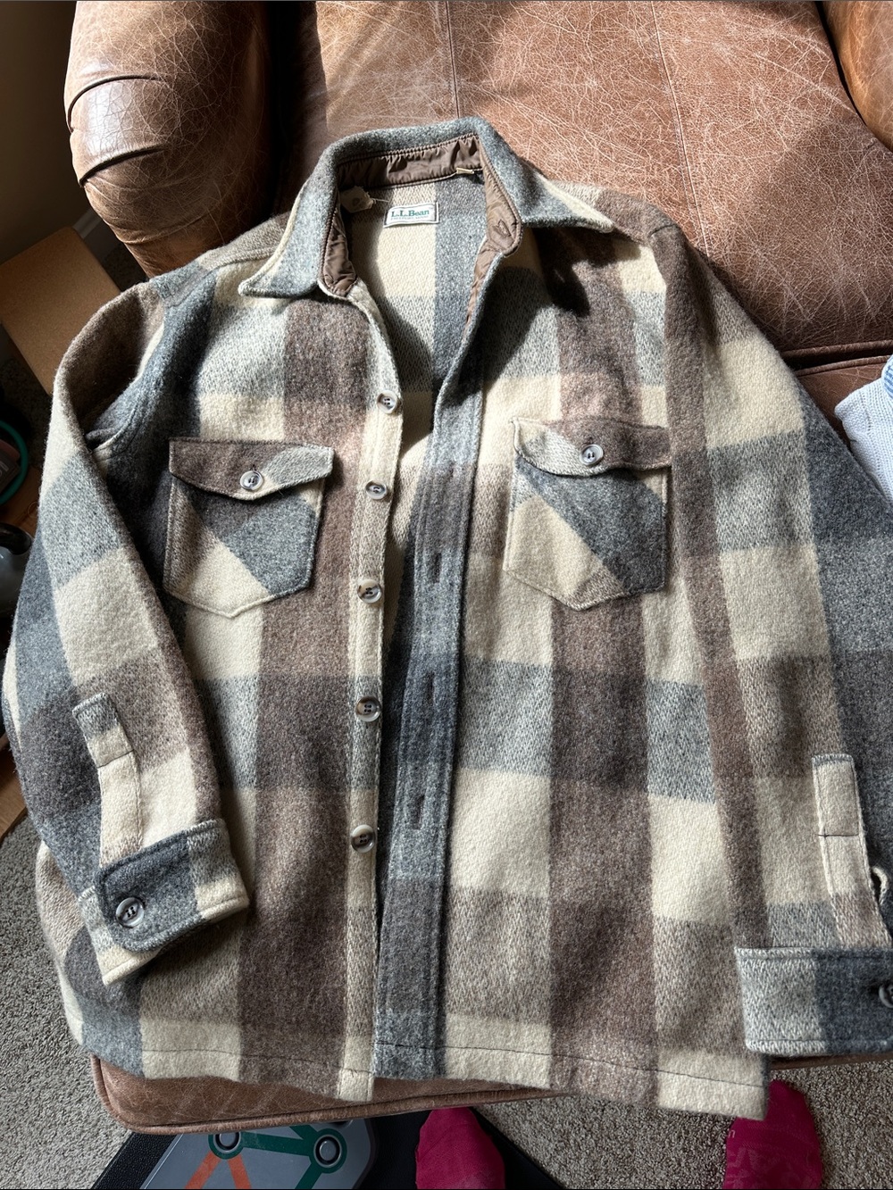 L.L. Bean Men’s Brown and Cream Plaid Wool Jacket Vintage